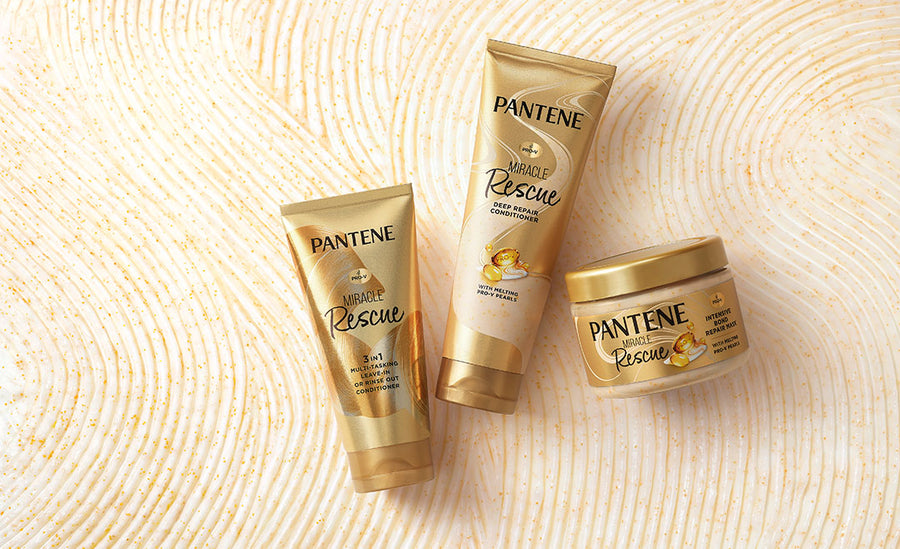 Pantene Miracle Rescue hair care products for bleached and damaged hair, including a deep repair conditioner, a 3-in-1 multi-tasking leave-in or rinse-out conditioner, and an intensive bond repair mask with melting Pro-V pearls.