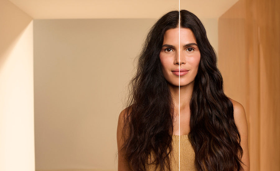 Tan-skinned woman with wavy brown hair shows before & after using Pantene Miracle Rescue products for damaged hair repair, including conditioner, 10-in-1 spray, keratin cream, and regenerative oil, against an amber background.