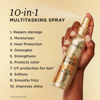 Pantene Miracle Rescue 10 in 1 multitasking spray, the best universal treatment for damaged hair repair, featured in front of an amber background.