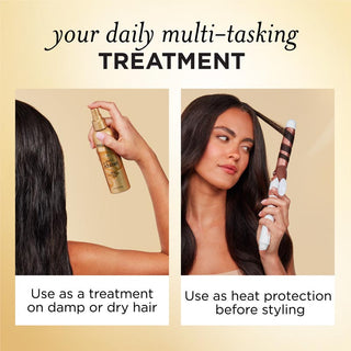 use as a treatment on damp or dry hair. Use as heat protection before styling