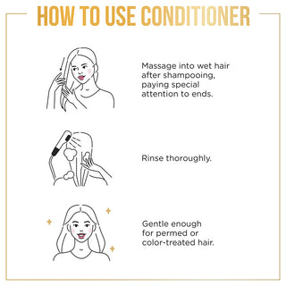 How to Use Conditioner. Massage into wet hair after shampooing, paying special attention to the ends. Rinse thoroughly. Gentle enough for permed or color-treated hair. 
