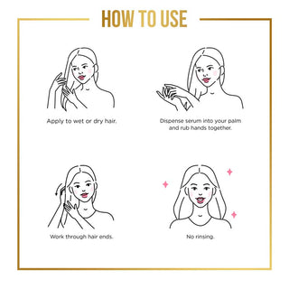 Apply to wet or dry hair.  Dispense into hand and massage serum into hair Work through ends then style. No rinsing.