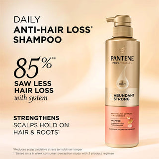 Daily Anti-Hair Loss* Shampoo 85%** Saw less hair loss with system. Strengthens scalps hold on hair & Roots*. *Reduces scalp oxidative stress to hold hair longer. **Based on a 6 week consumer perception study with 3 product regimen