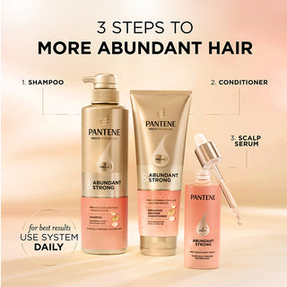3 steps to more abaundant hair. 1. Shampoo 2. Conditioner 3. Scalp Serum. For best results use system daily